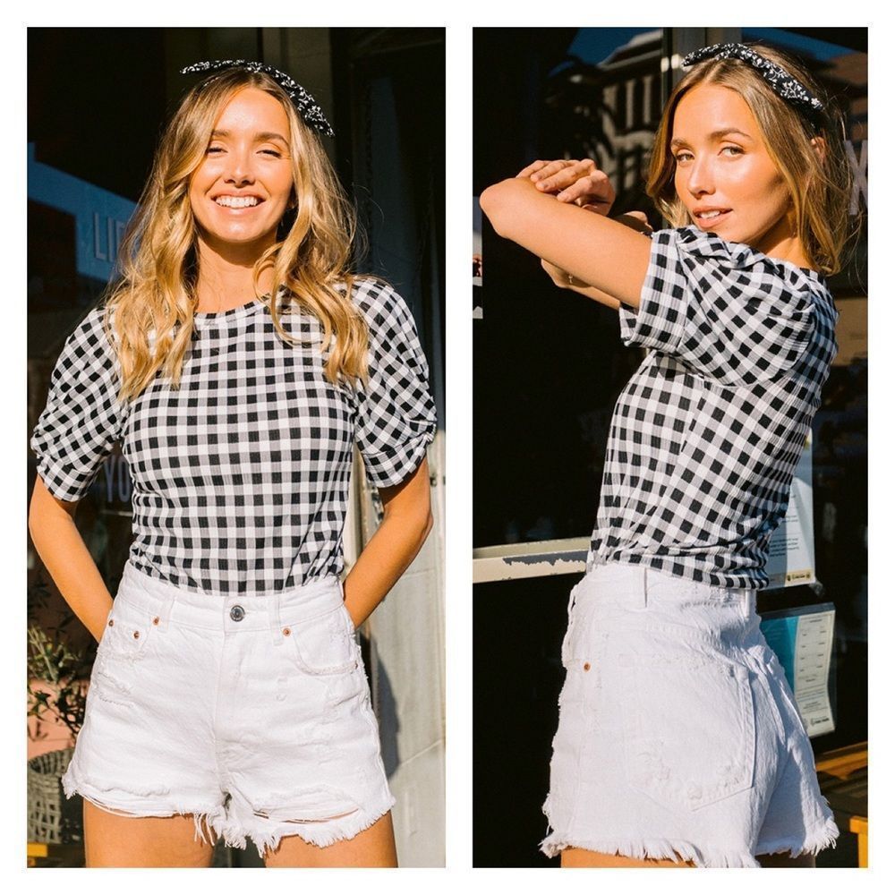 NEW Gingham Check Print with Twisted Puff Sleeve Knit Top